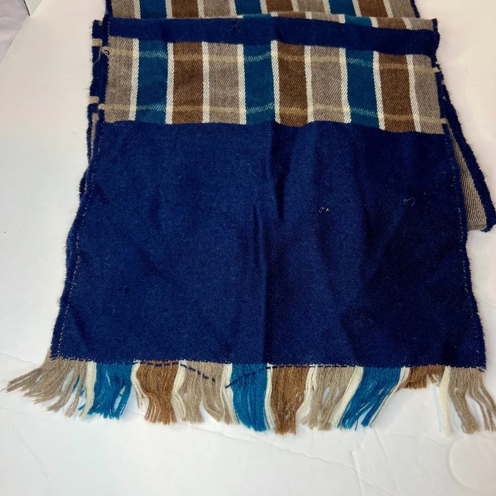Striped Multicolor Wool‎ Scarf Made in Scotland Striped Brown Blue Cream